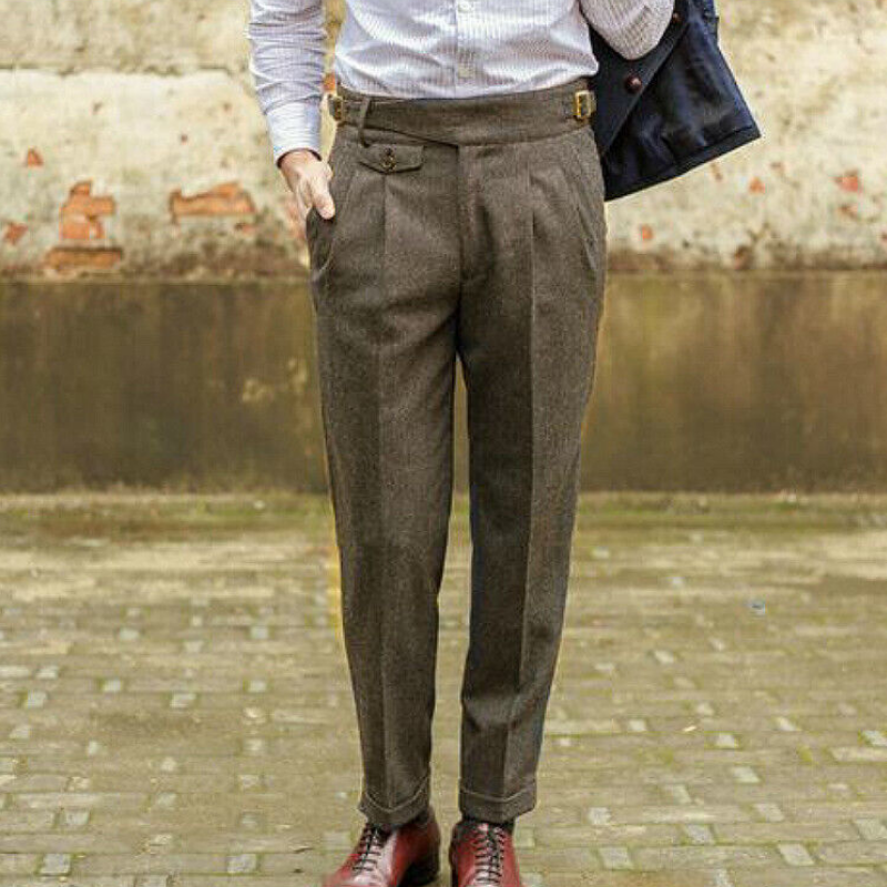 Men's Wool Blend Herringbone Pants Retro Tweed Trousers High End