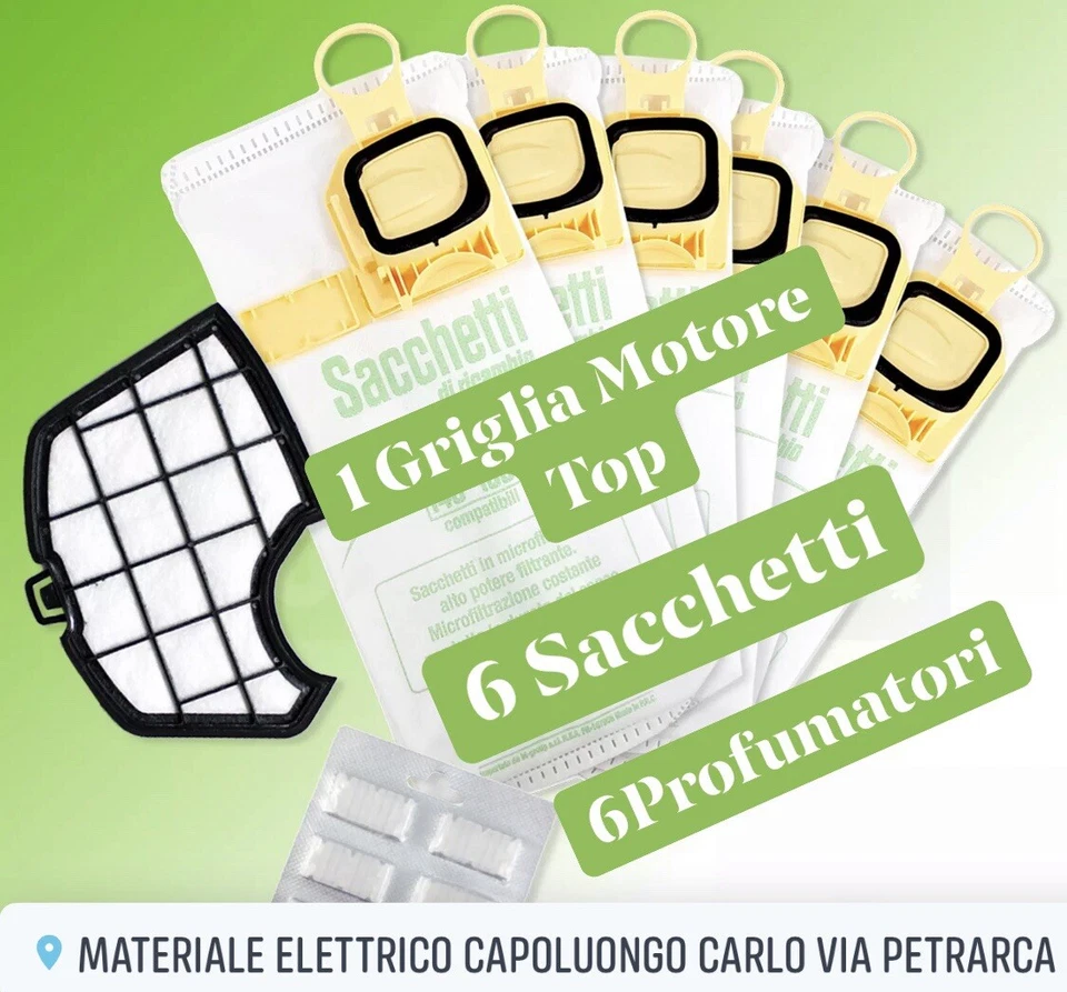SACCHETTI FOLLETTO VK 140 VK 150 6PZ + 6 PROFUMI + FILTRO MOTORE VORWERK SACCHI