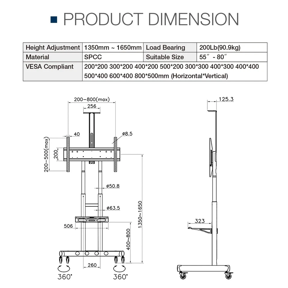 Carro de TV móvil rodante carro de TV de alta resistencia con ruedas para televisores de 55""-85" Foto 4 de 4