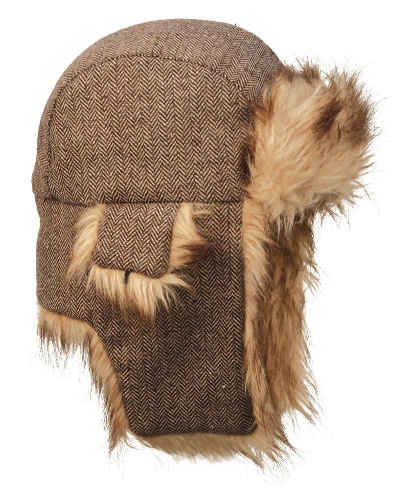 Trapper Hat Unisex Brown Tweed Faux Fur Warm Winter Aviator Hunting