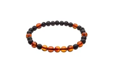 Baltic Amber Elastic Bracelet Made With Polished Cognac & Black Lava