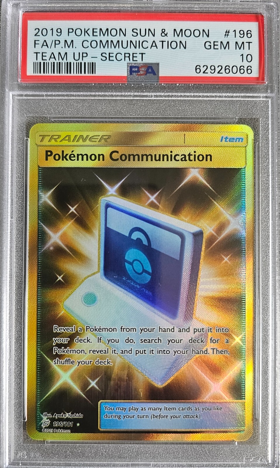 PSA 10 GEM MINT Pokemon Communication 196/181 Gold S&M Team Up Pokemon 2019 Card