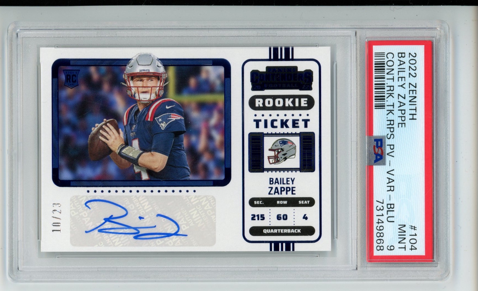 Bailey Zappe Panini Zenith Contenders Rookie Ticket Rps Preview Autograph #104 Variation-Blue