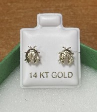 Ladybug Stud Earrings White 14K Solid Yellow Gold With Safety Backing