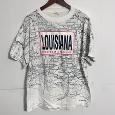 Vintage 90s Sun Sportswear Mens T-Shirt Size L Louisiana Map All Over Print