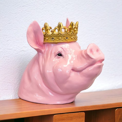 Pink Resin Pig Head With A Gold Crown Sculpture Home Decor Novelty Ornament - Picture 4 of 9
