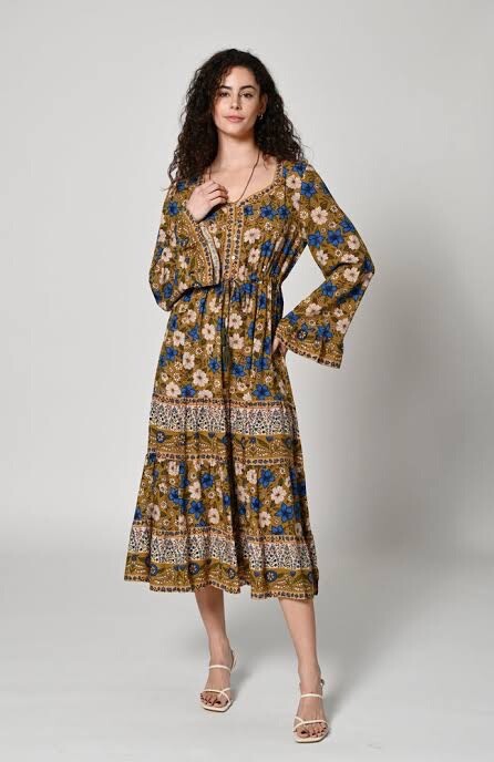 knee length dresses for ladies Aria Floral Tiered Ruffle Midi Dress – Blue – Anderson Ave boutique main image 1