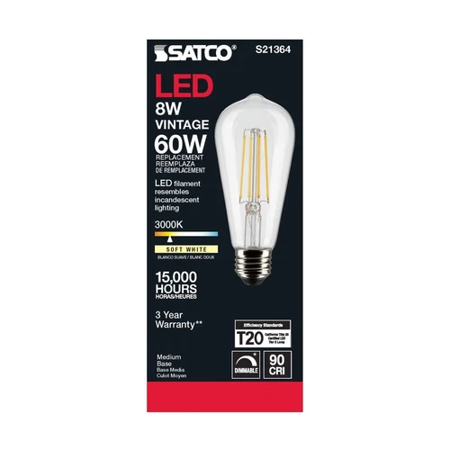 Satco S21364 - 8 Watt ST19 LED Clear E26 Light bulbs - 90 CRI - 3000K (6 Pack) - Picture 6 of 9
