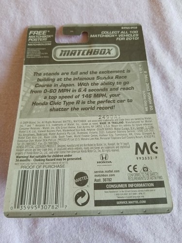 2010 Matchbox 08 HONDA CIVIC TYPE R Blue 29/100 GREAT CARD Metro Rides - Picture 2 of 4