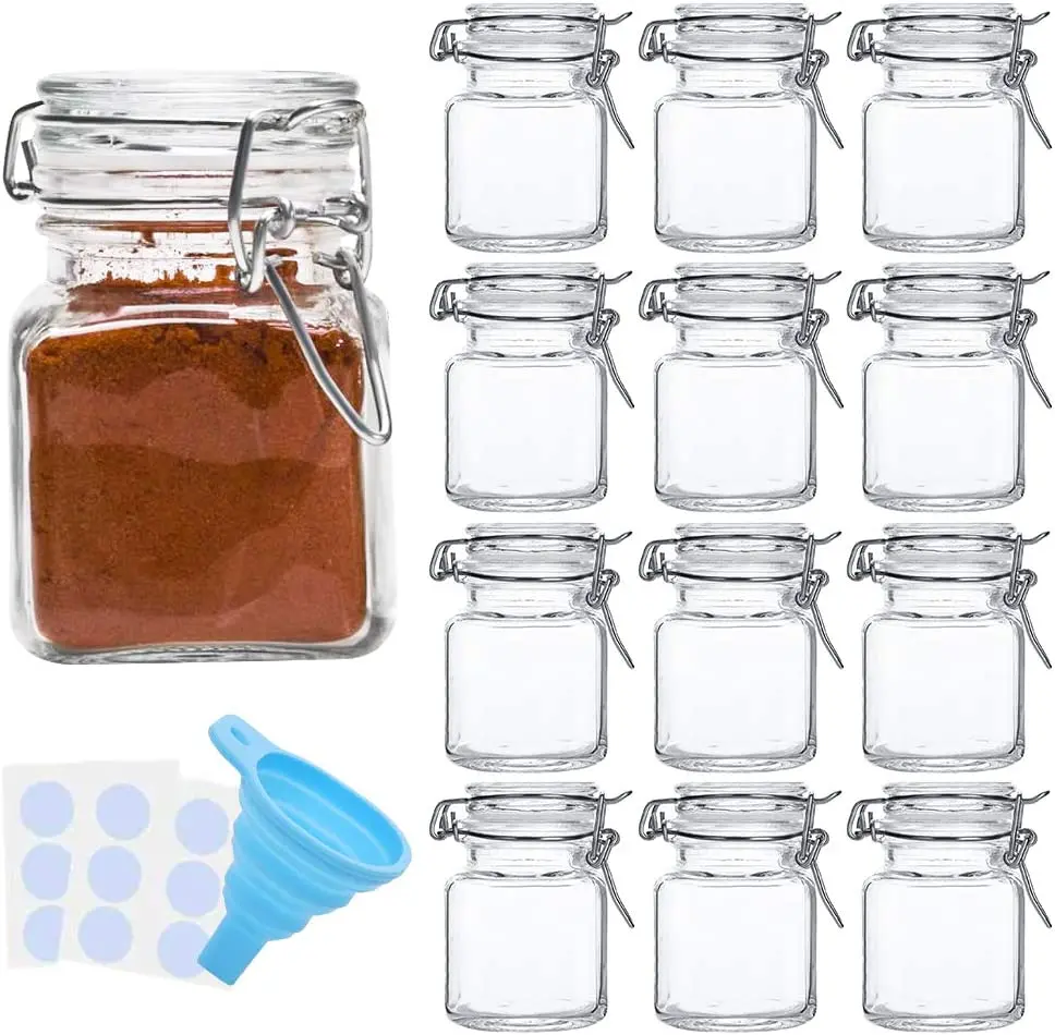 Spice Jars 12 Pack 4oz Small Glass Jars with Airtight Hinged Lid 4