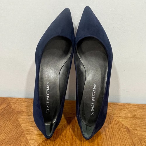 Stuart Weitzman Heel Womens 8.5M Navy Suede 1.9 inch Block Heel Pointed Toe Pump - Picture 9 of 15