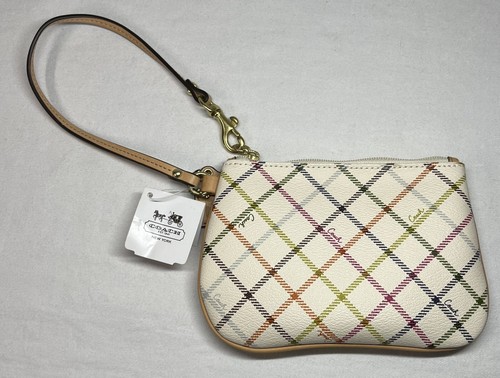 COACH Payton Wristlet Ivory Coated Canvas w/ Tattersall Plaid Print NEW - Picture 2 of 11