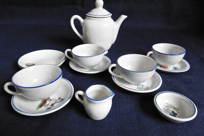 Petite Dinette Ancienne En Porcelaine - 12 Pièces - Décor Jouets, Fleurs - Occasion