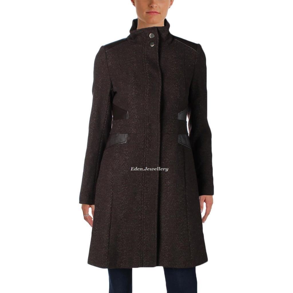 US$280 Designer VIA SPIGA Dark brown Tweed Faux Leather Trim Pea Coat US10  New