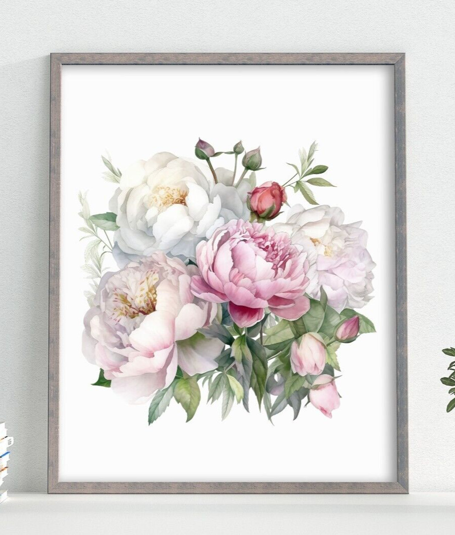 Peonies Wall Art Print, Floral Wall Art Decor, Pink and White Peonies Bouquet