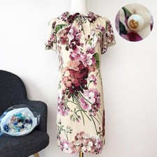 Gucci Floral Silk Bow Tie Dress GG Pearl Buttons Knee Length Authentic