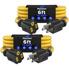 2 Pack 6 Ft Yellow Extension Cord 16 AWG 3-Prong Compact Indoor Power Cable