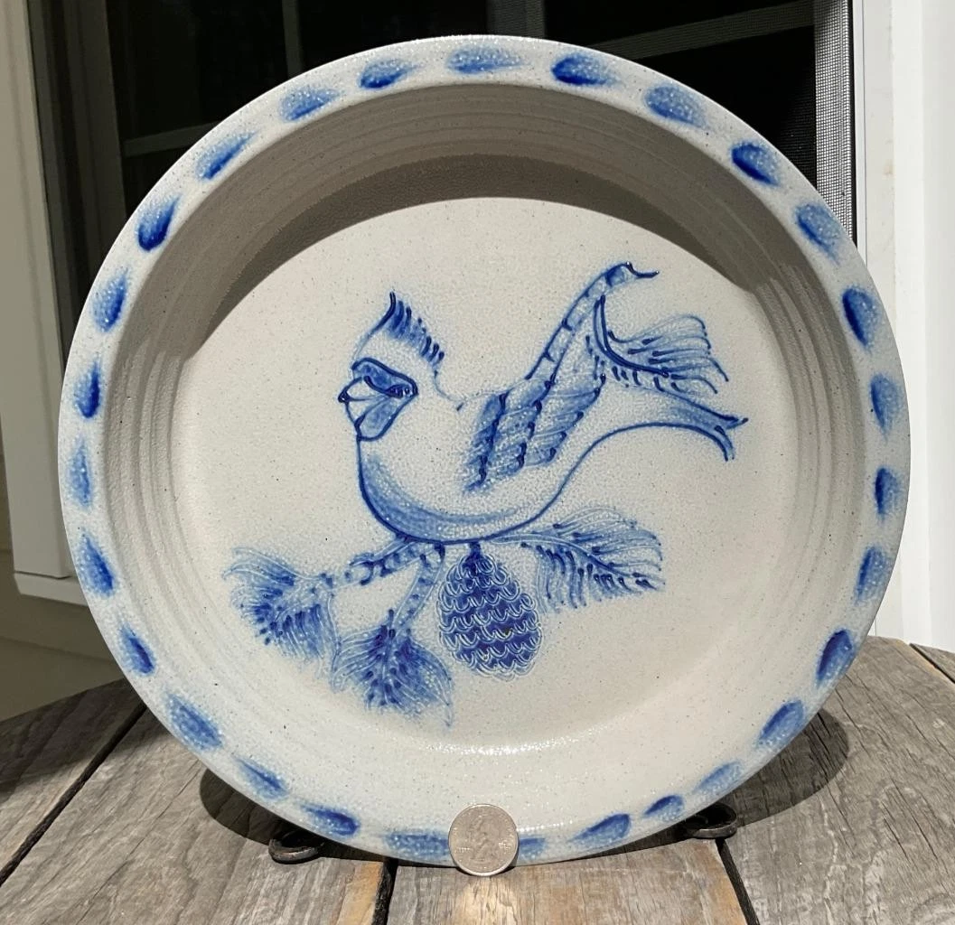 2003 Eldreth Pottery Pie Plate Salt Glaze Stoneware Plate Cobalt Cardinal Dish
