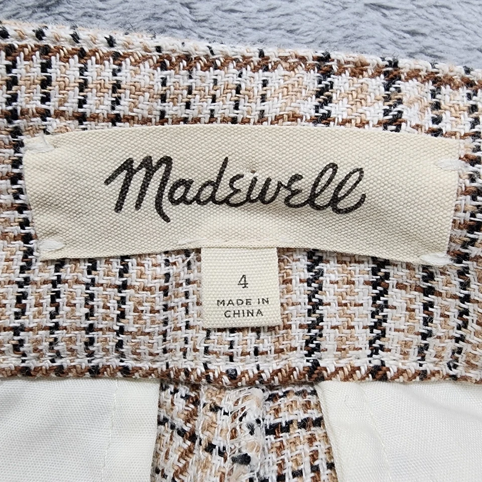 Pantalones Cortos Madewell Para Mujer 4 Marrón Tostado Lino a Cuadros Pantalones Cortos Limpios Tiro Alto Preppy Foto 3 de 4