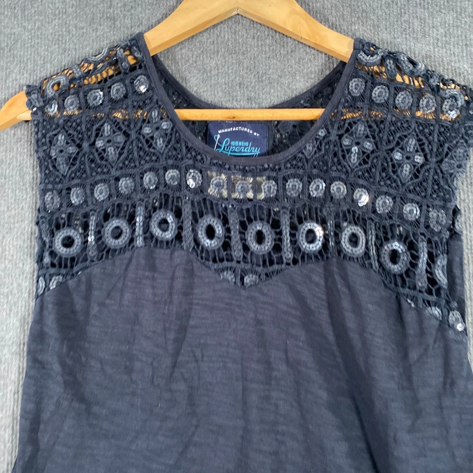 Superdry Top Womens M Blue Shirt Crochet Sheer Coastal Sequins Boho Gypsy T3 - image 2 of 4