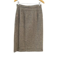 Vintage Houndstooth Wool Pencil Skirt Tan Brown Navy Plaid Midi Back Vent 28W