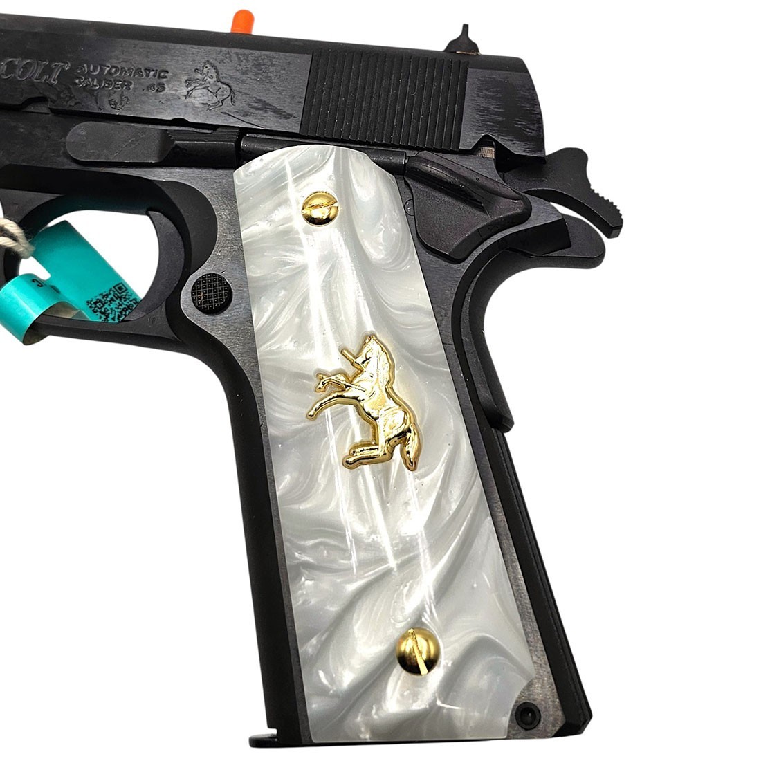 Custom 1911 Full Size Grips White Pearl 24K Gold Colt Horse & Screws Ambi