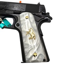Custom 1911 Full Size Grips White Pearl 24K Gold Colt Horse  Screws Ambi