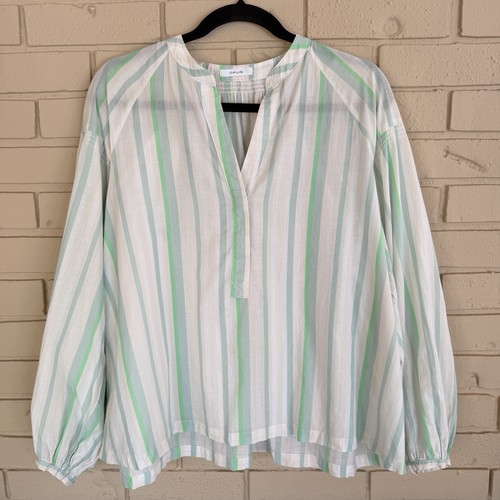 Opus Striped Peasant Boho Popover Blouse 40 US 12 Coastal Top 100% Cotton