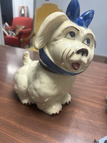 Shawnee Pottery Muggsy Dog Cookie Jar Blue Bow Vintage 1940s USA Kitchenware