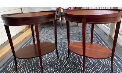 Vintage Mersman Mahogany Inlaid Wood Set of 2 Oval End Side Tables