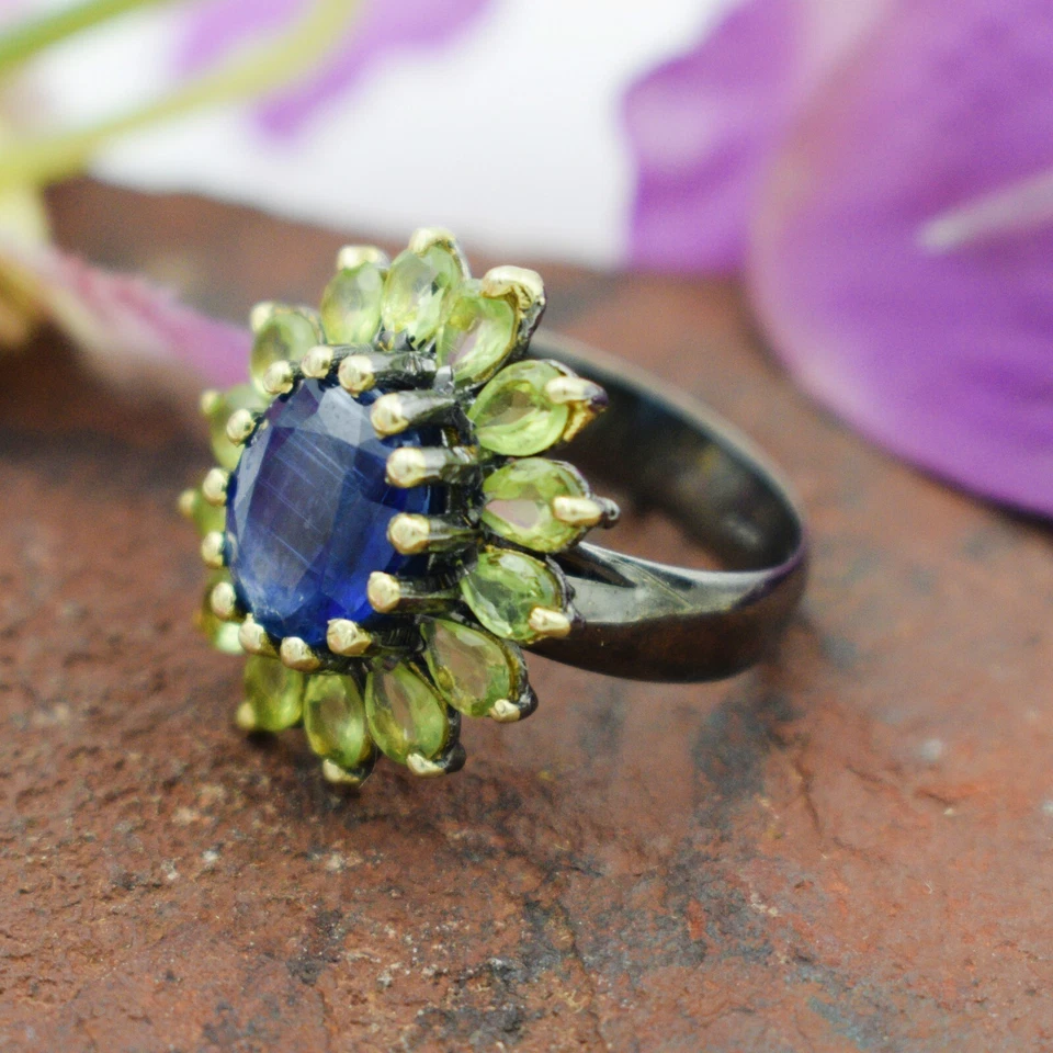 Anello in cianite argento sterling 925 pietra preziosa naturale peridoto... - Immagine 3 di 4