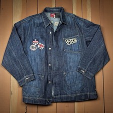 RocaWear Men  s Denim Blue Jean Jacket 2XL Founded 1999 Embroidered Patches Y2K