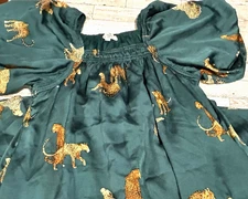 Womens Entro Cheetah animal AOP Green Puff Sleeve Tiered Mini Dress SMALL