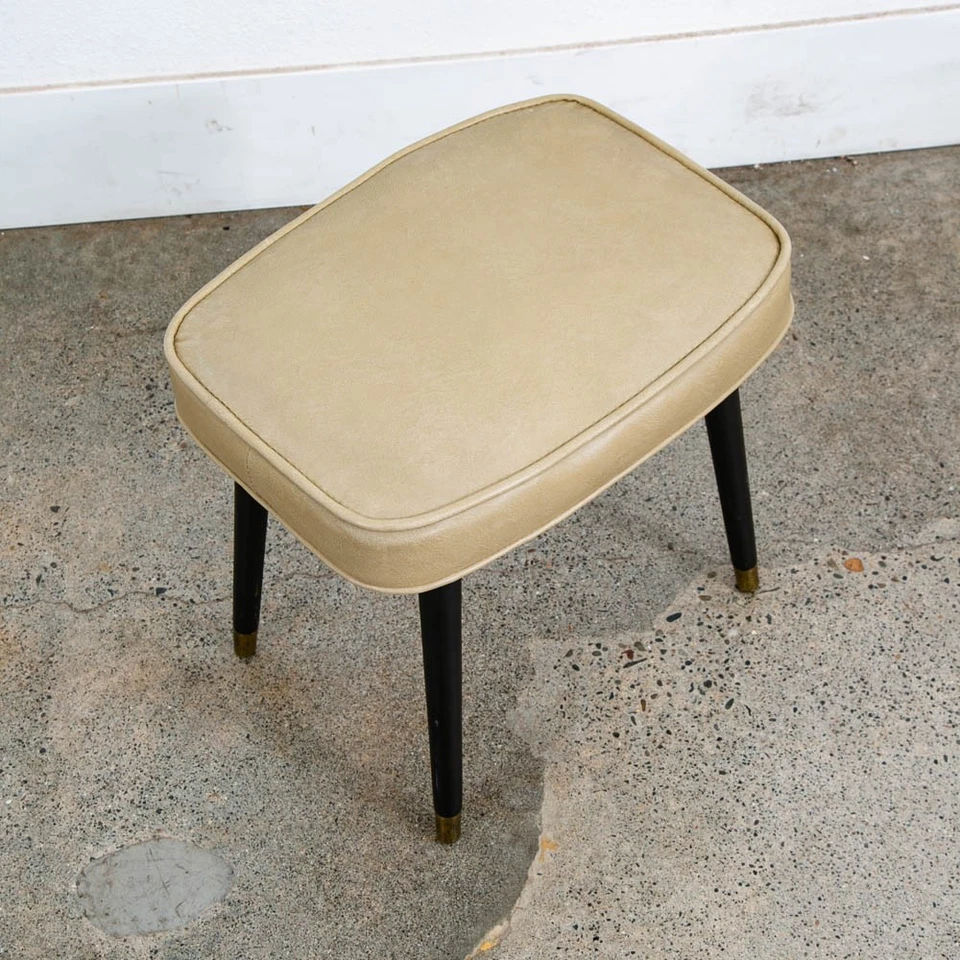 Mid Century Modern Ottoman Stool Tan Wood Vintage Mcm Mcm Black Rectangular - Image 2 of 4