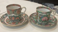 Set Of 2 Chinese Famille Rose Medallion Demitasse Cups with Saucers Hand Painted