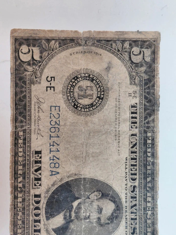 1914 $5 Federal Reserve Note Large Size Blue Seal - Image 3 of 4
