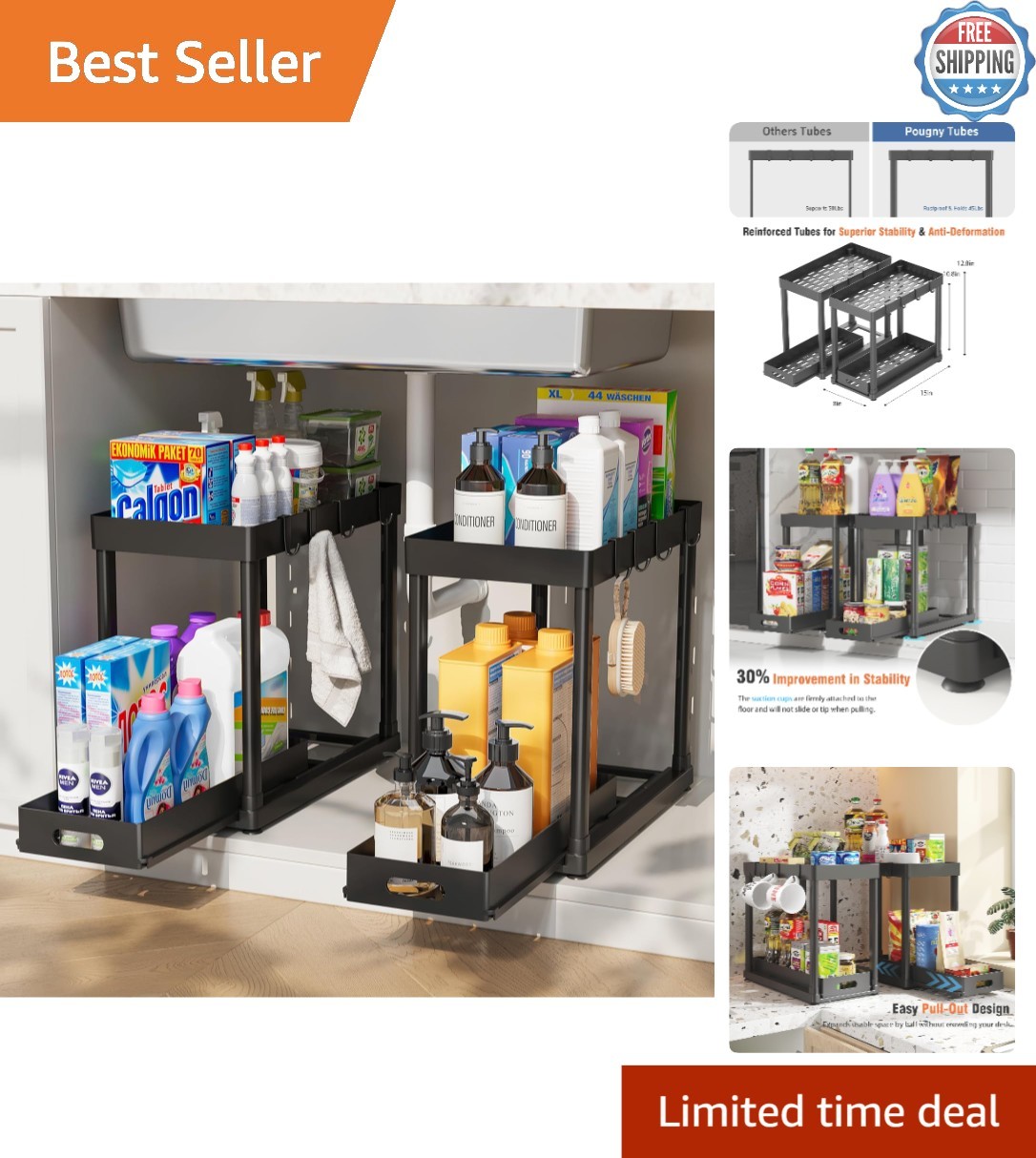 Versatile 2-Tier Pull-Out Storage Organizers for Kitchen and Bathroom - Black