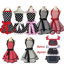 Image of Women's Cute Apron Retro Black Polka Dot Vintage Housewife Cooking Aprons UK