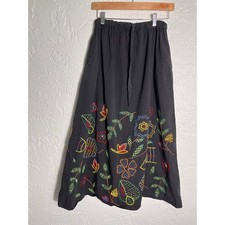 Vintage Black Embroidered Midi Skirt Boho Floral Elastic Waist Made Hong Kong