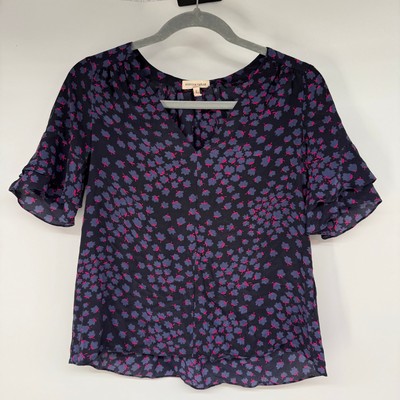 Rebecca Taylor Aster Floral Print Blouse Women's Size 0 Violet 100% Silk V-Neck
