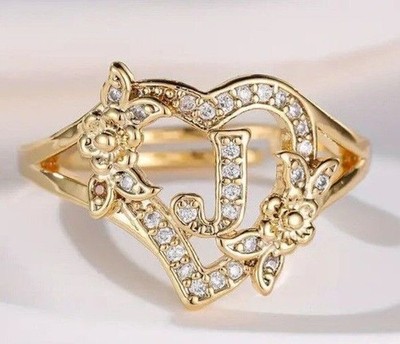 2 CT Round Cut Simulated Diamond Flower Letter ''J'' Ring 14K Yellow Gold Plated