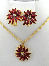 Christmas 2 Pc SET Necklace  Clip Earrings Fashion Jewelry GT Red Poinsettia