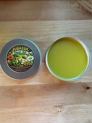 Jurassic Heal All salve with calendula, plantain, yarrow and chamomile infused