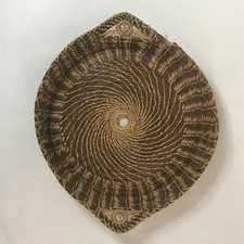 Vintage Round Pine Needle woven Basket 9.125  Long x 7.5  Diameter x 1.25  Tall