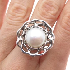 HAGIT GORALI Sterling Vintage Israel Real Pearl Modernist Flower Ring Size 7.75