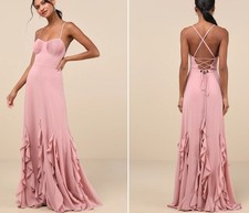 Lulus Priela Pink Ruffled Lace Up Maxi Dress Deep Rose, Size Small  SAMPLE