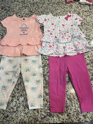 Lot Of 2 Child of Mine Baby Girl's comfy cute T-Shirt & Pants Outfits 4 pc 12M
