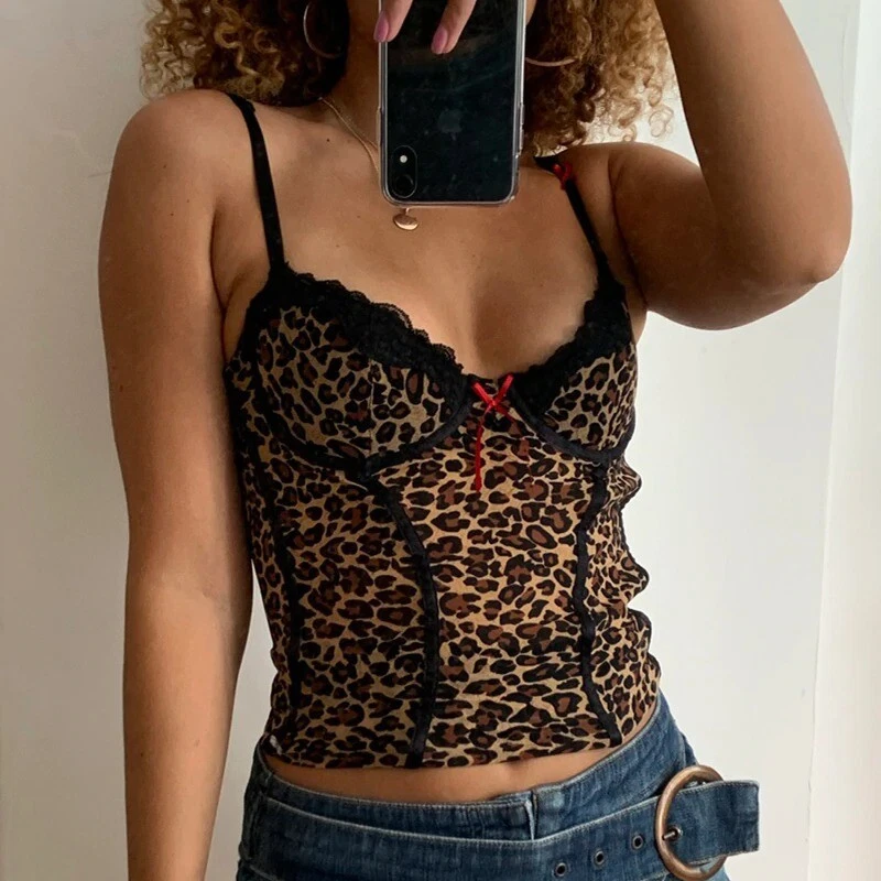 Sexy Cheetah Print Corset Streetwear Animal Leopard Lace Trimmings Camisole