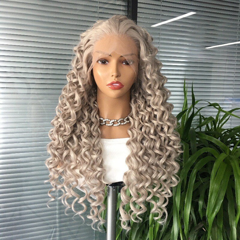 Long Curly Flax Gray Lace Front Wig Long Deep Curly Grey Glueless Wig Soft
