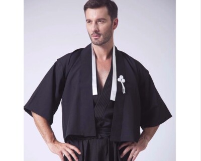 Short Sleeve Japanese Samurai Mens's Male Kimono Black White Robe